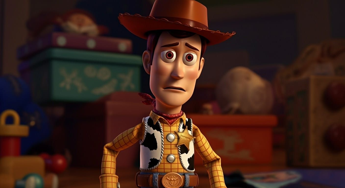 Distraught Woody from Toy Story in Pixar Style