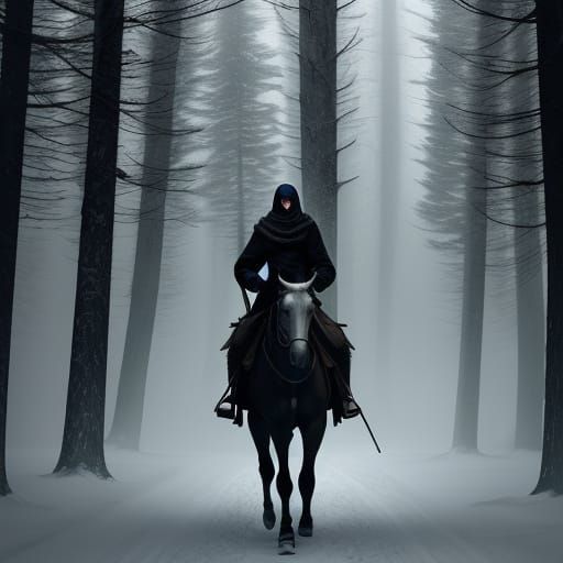 Eerie Dystopian Traveler in Snowy Woods