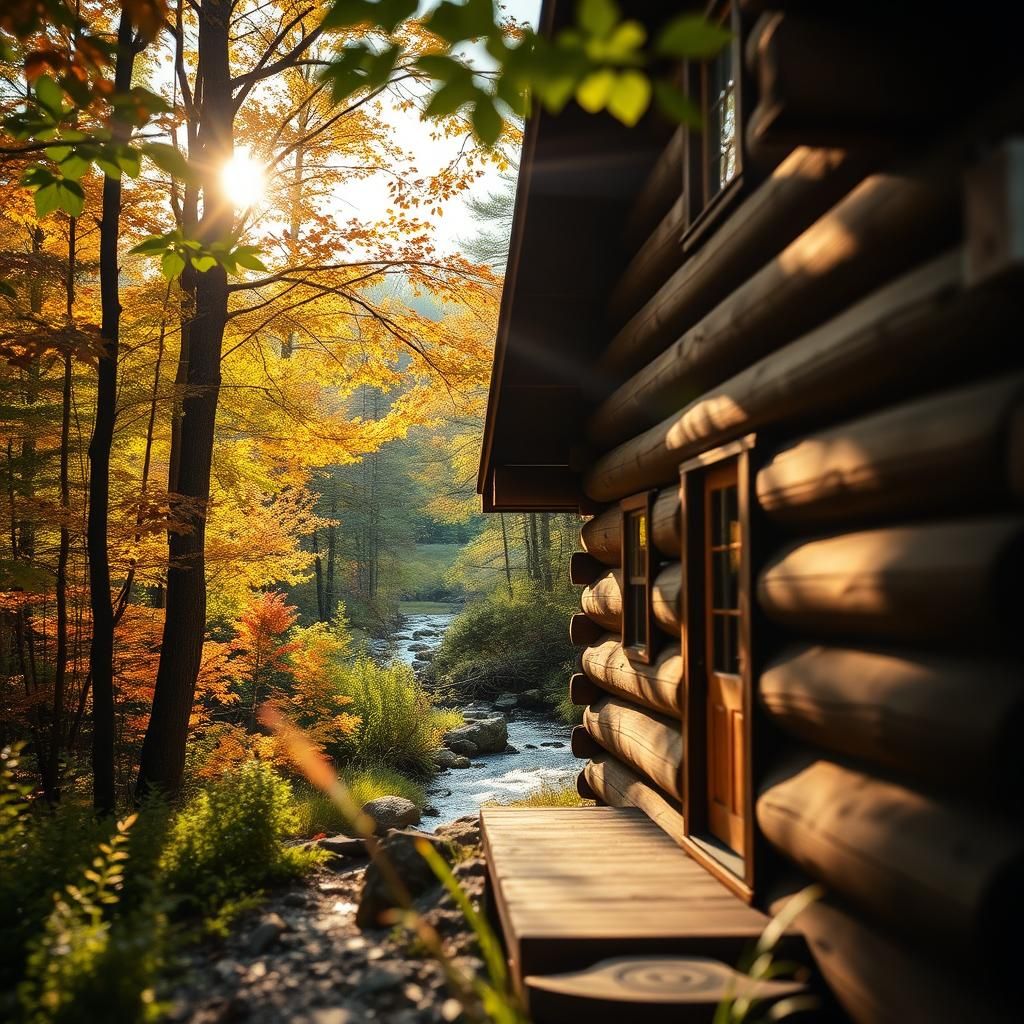 Vermont Log Cabin in Autumn Sunlight