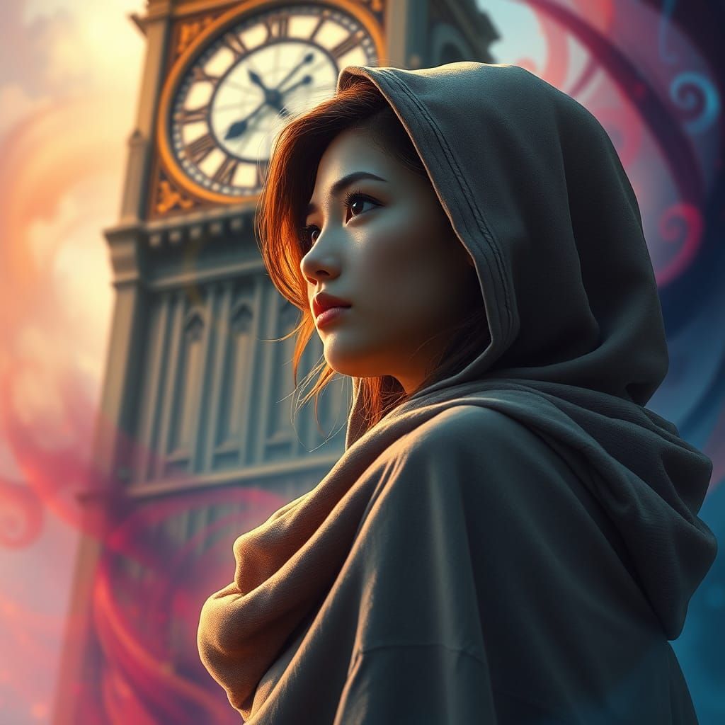 Woman at Threshold of Time in Dreamlike Digital Art