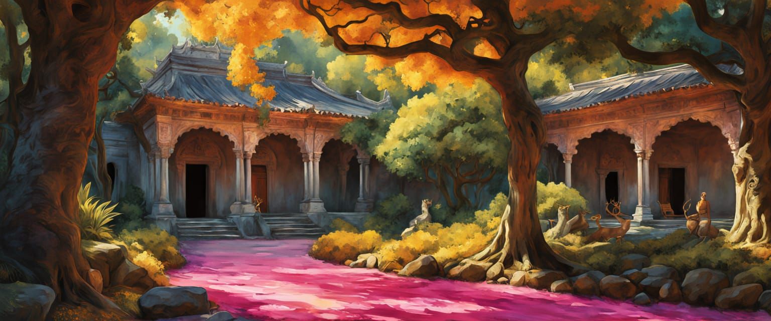 Rainforest Temple with Monks in Watercolor Style