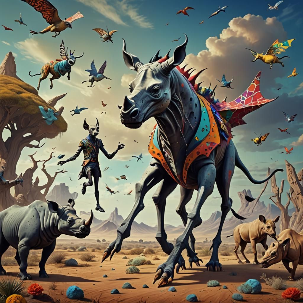 Surreal Rhino-Humanoid in a Colorful Landscape