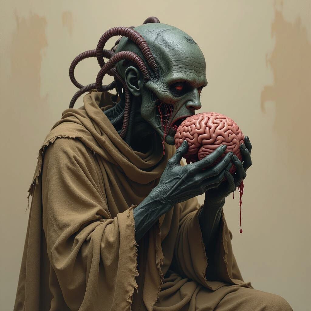 Disturbing Humanoid Creature Devouring Brain