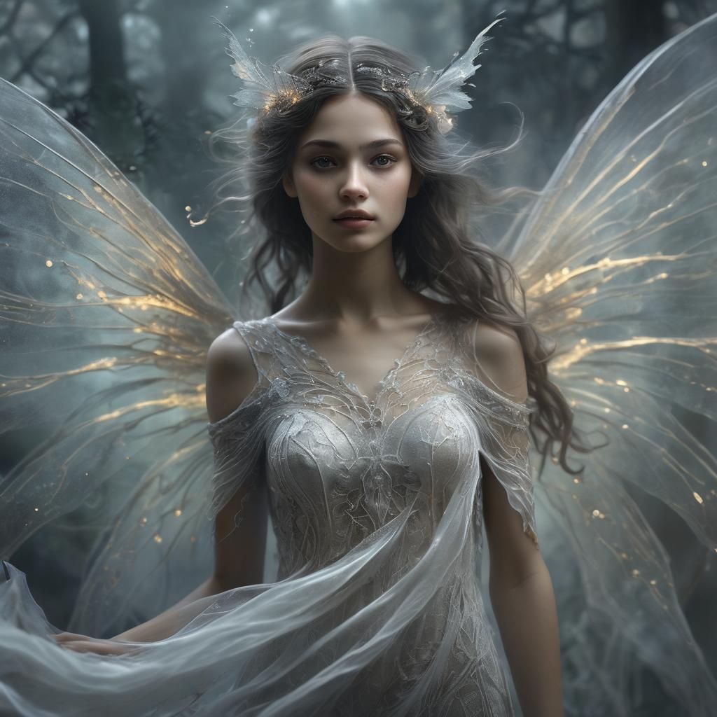 Ethereal Winged Fairy in Swirling Fog: Ghostly Portrait