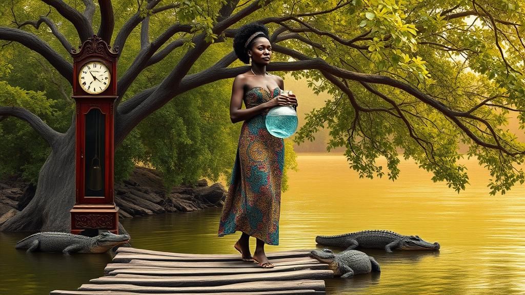 African Woman Crossing Bridge with Crocodiles