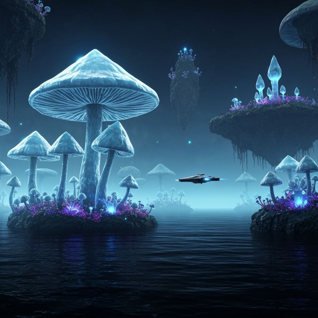 Crystalline Mushrooms in Alien Landscape, Hyperrealistic Con...