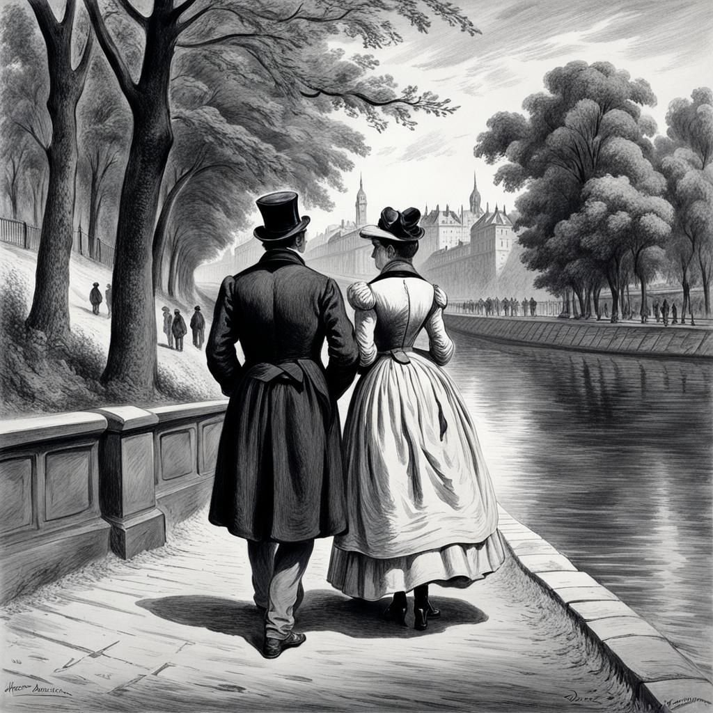 Couple by River: Detailed Pencil Illustration