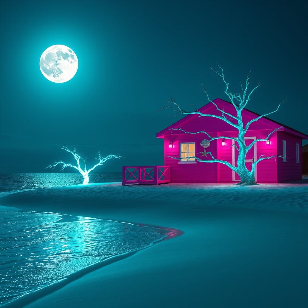 Vibrant Pink House on Moonlit Beach with Turquoise Tree