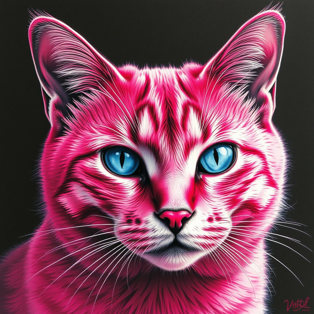Hyperdetailed Pink Cat with Blue Eyes in Charcoal Style