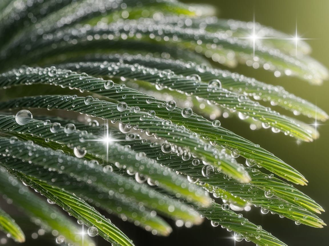 Dew Drops on Pine Needles in Vivid Natural Light