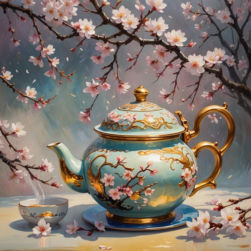 Cherry Blossom Tea Ceremony: Fantasy Art Nouveau Oil Paintin...