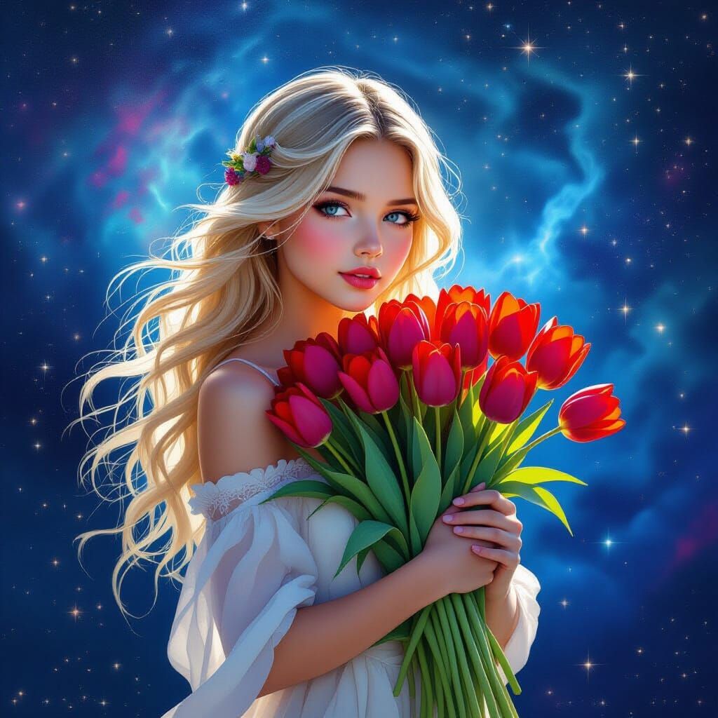 Blonde Woman with Tulips in Cosmic Nebula