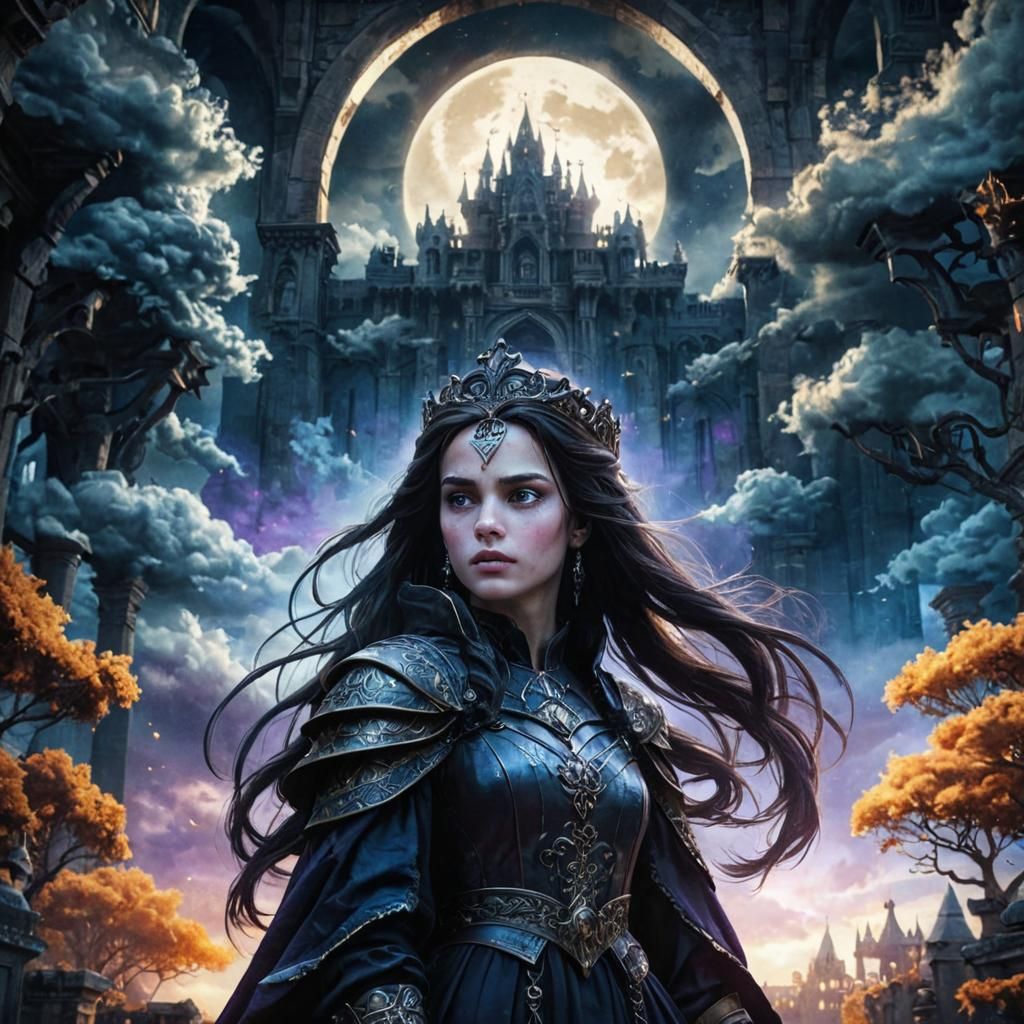 Dark Princess in Ancient Castle Courtyard