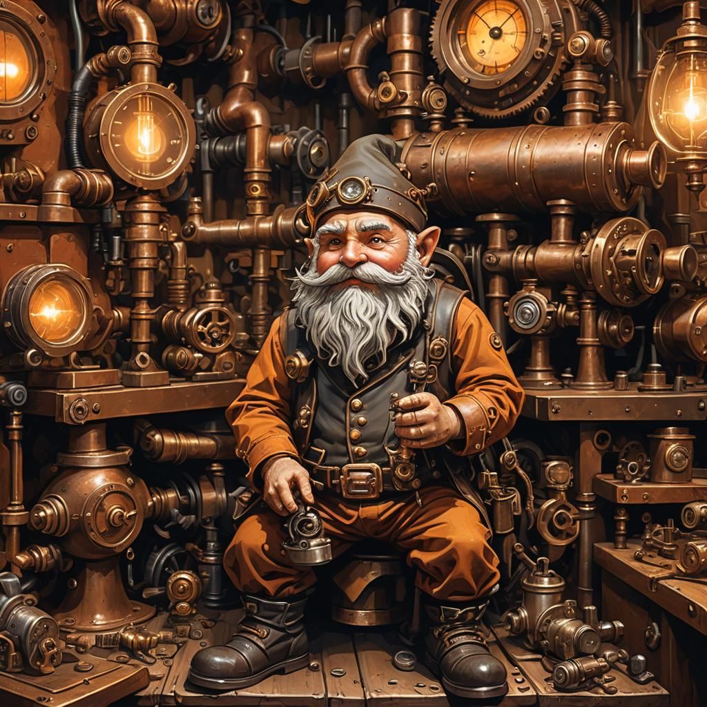Gnome Engineer in Steampunk Workshop
