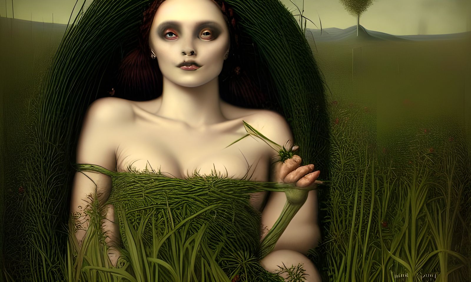 Green-Eyed Sorceress Relaxing in Hay, Hyperrealistic Digital...