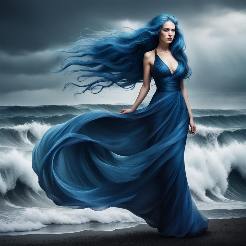 Blue-Haired Lady in Tsunami Storm