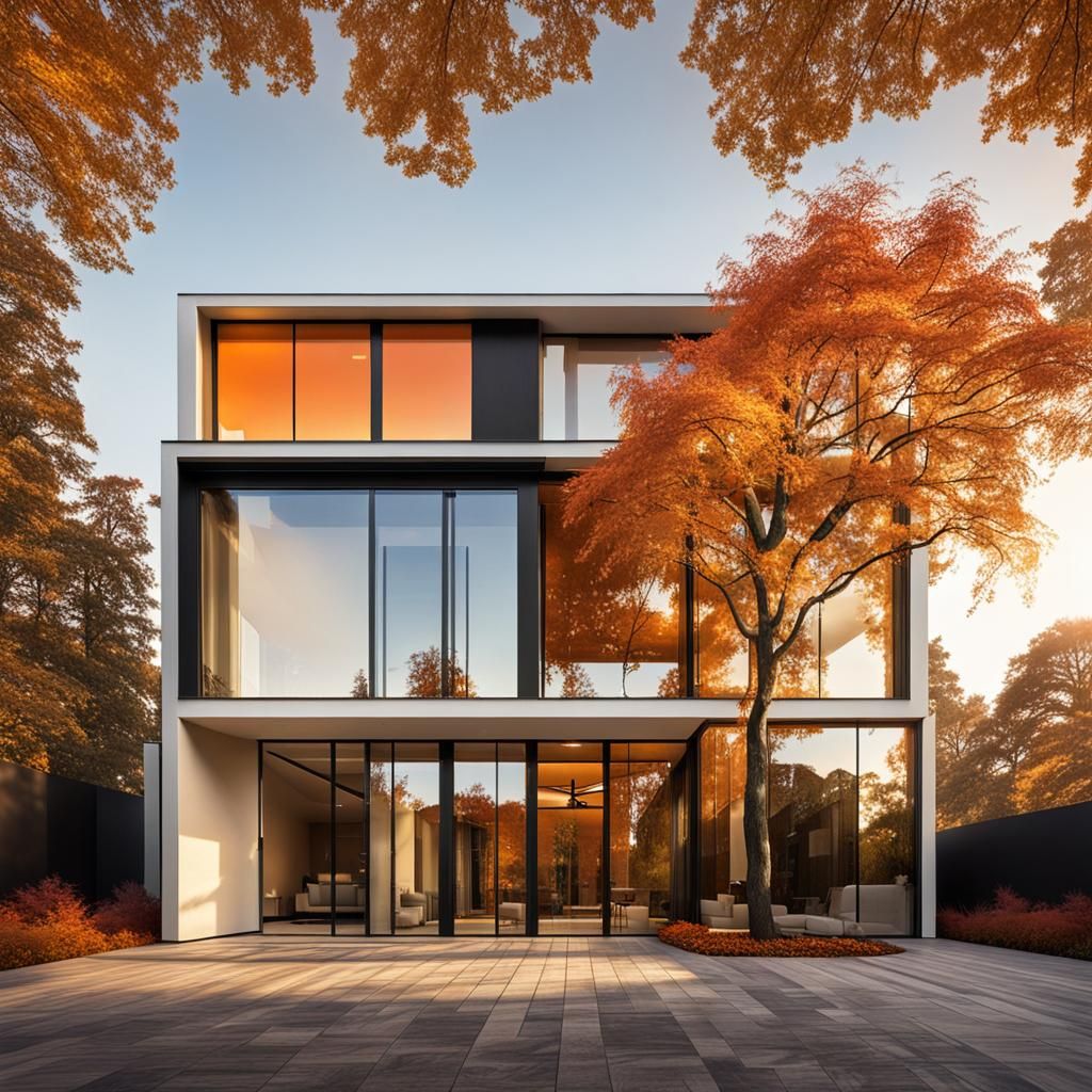 Modern House with Metal Facade in Autumn
