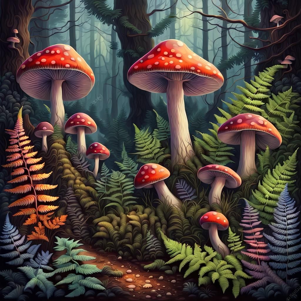 Mystic Forest with Psychedelic Mushrooms, Botanical Illustra...