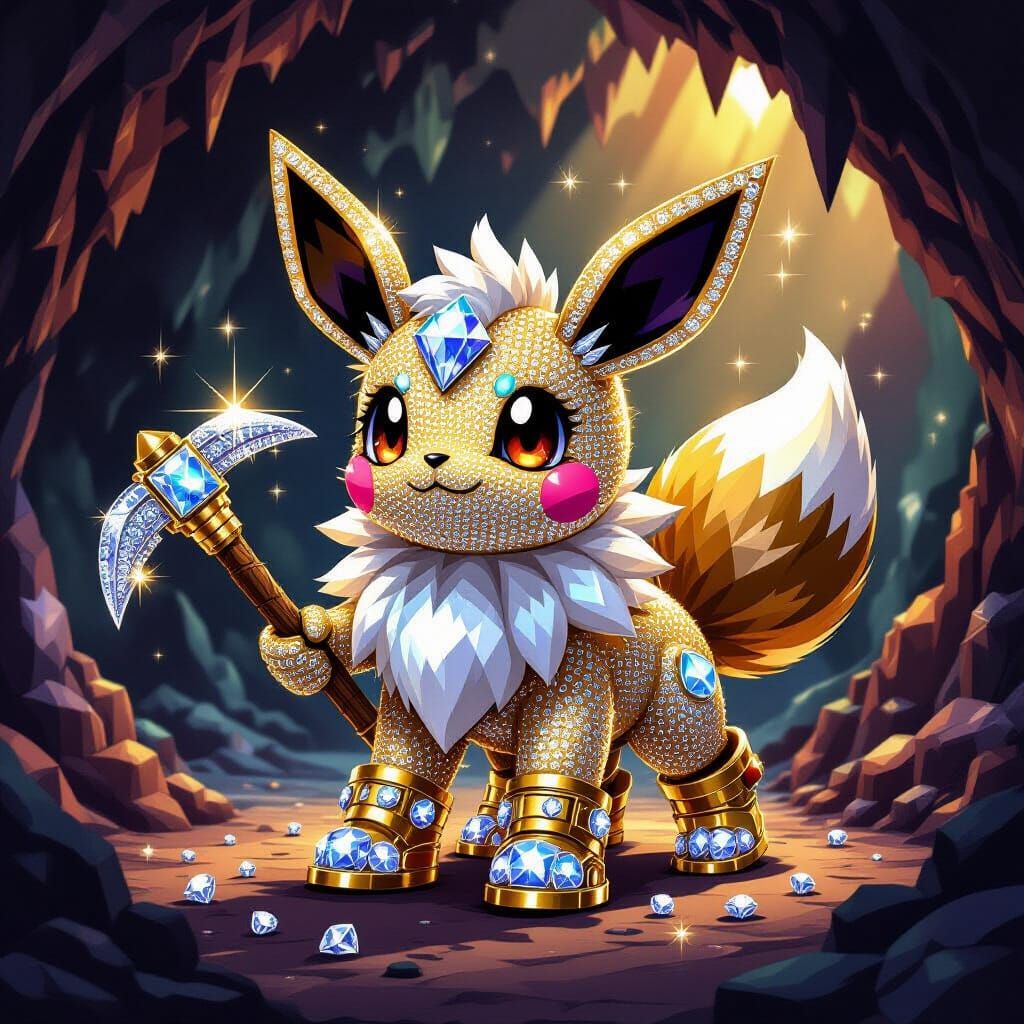 Diamond Eevee Wields Pickaxe in Gemstone Cavern