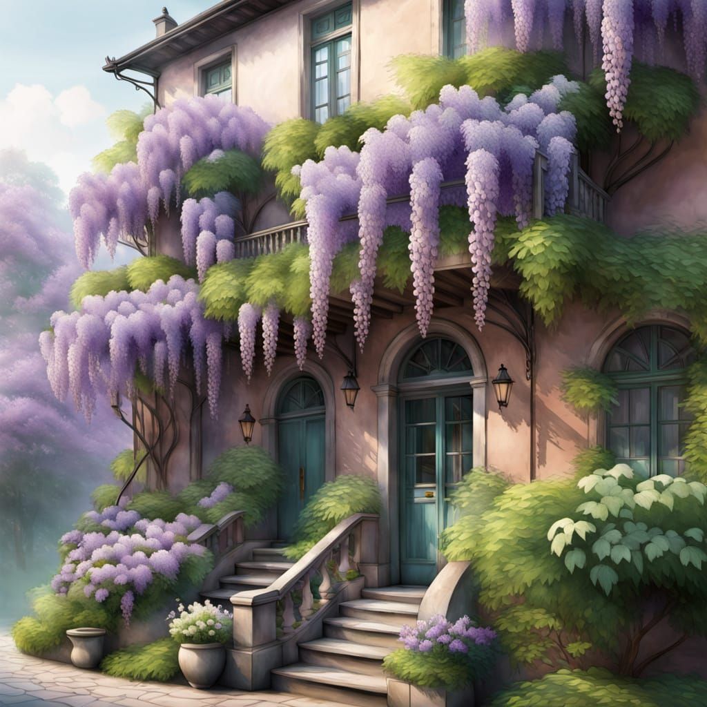 Wisteria Cityscape in Whimsical Low-Poly Art