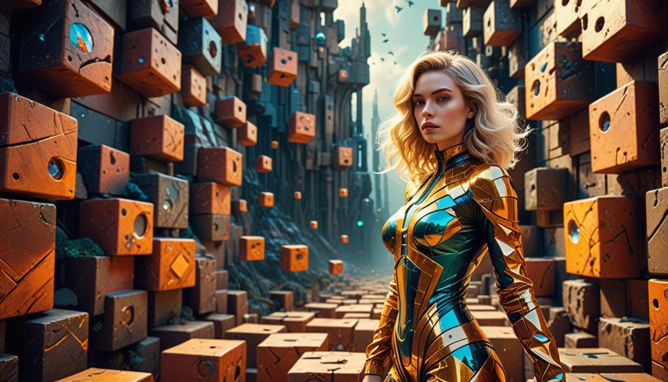 A Young Woman in a Cubist Cityscape