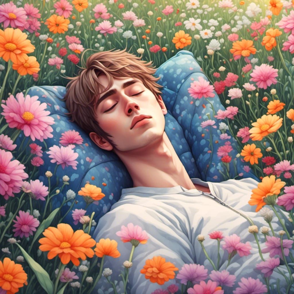 Anime Watercolor of Sleeping Boy in Flower Field