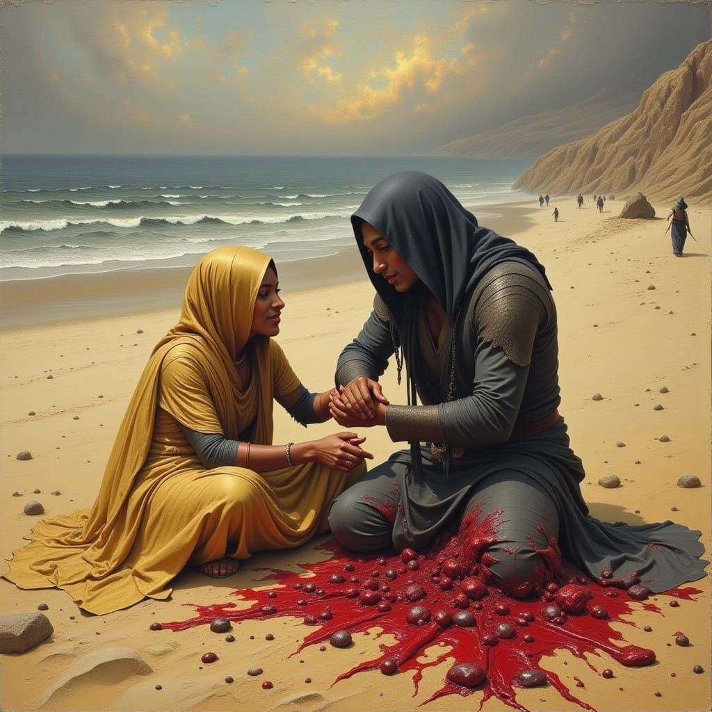 Couple's Hands Blend Blood and Gold on Sand