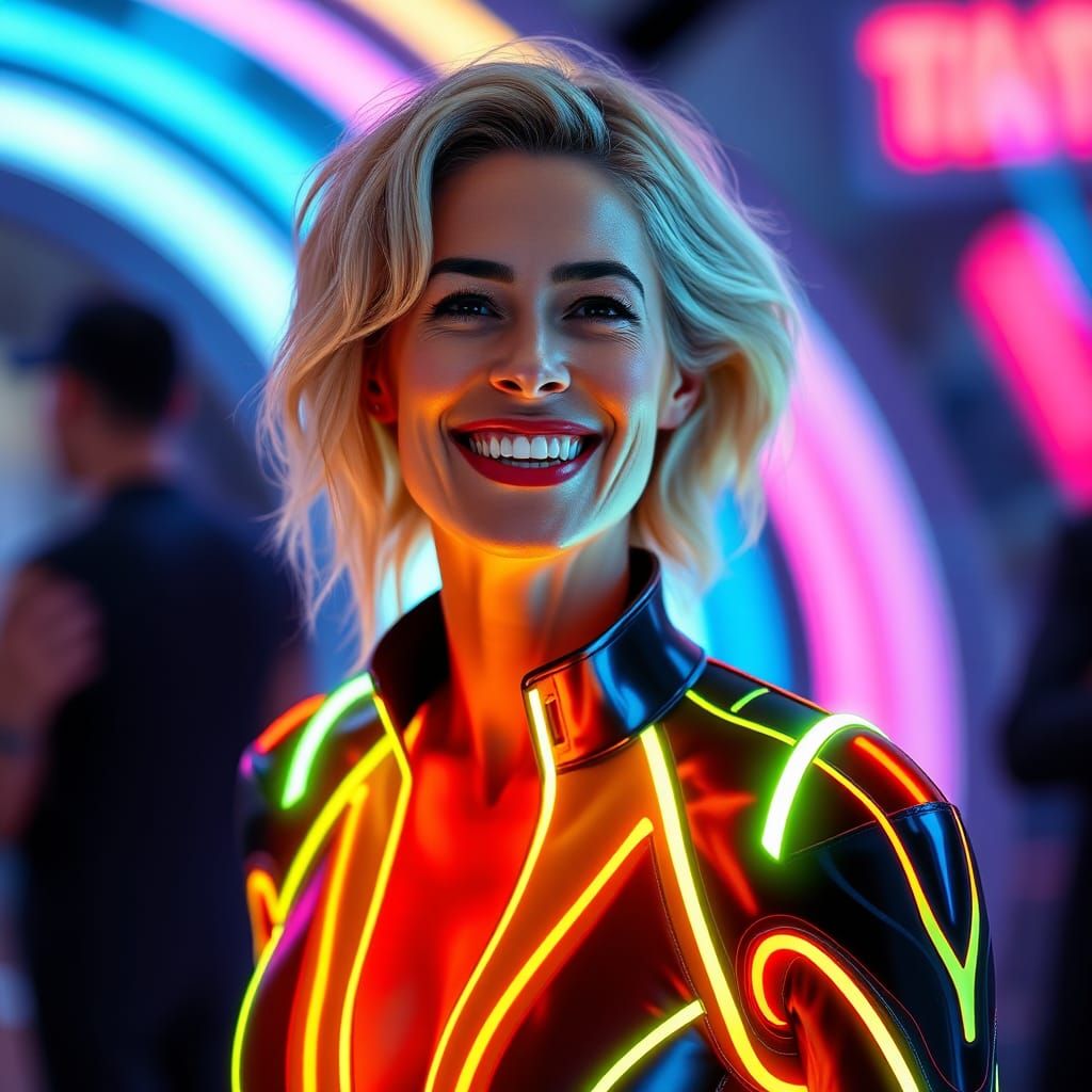 Futuristic Woman in Neon Jumpsuit, Tron-Inspired CGI