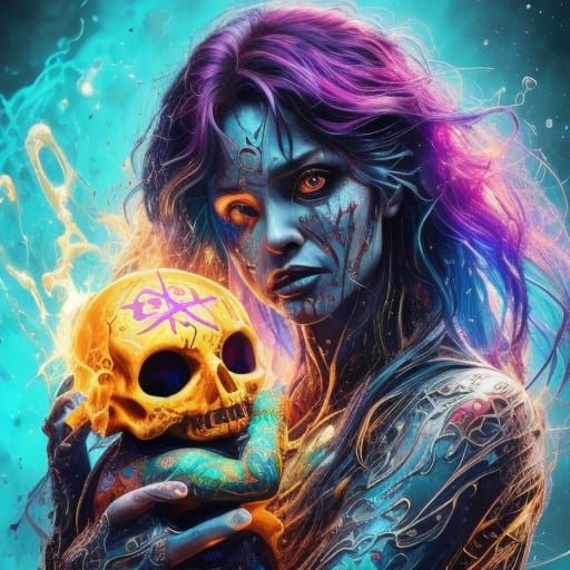 Mother and Child with Glowing Runes in Hyperrealism