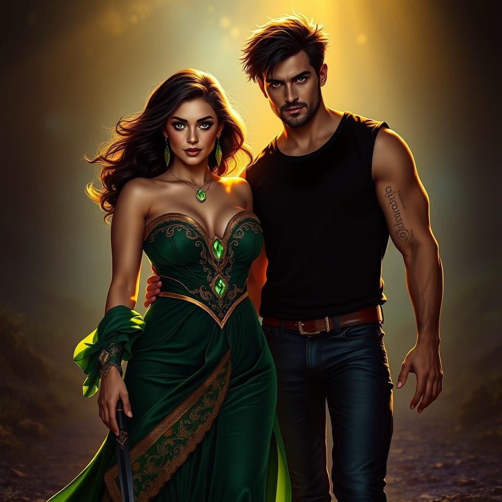 Curvy Woman Stepping into Golden Light in Emerald Green Velv...