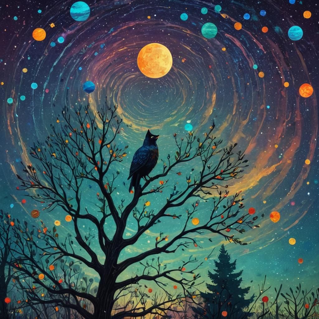 Cat in Sky with Planets: Detailed Storybook Illustration