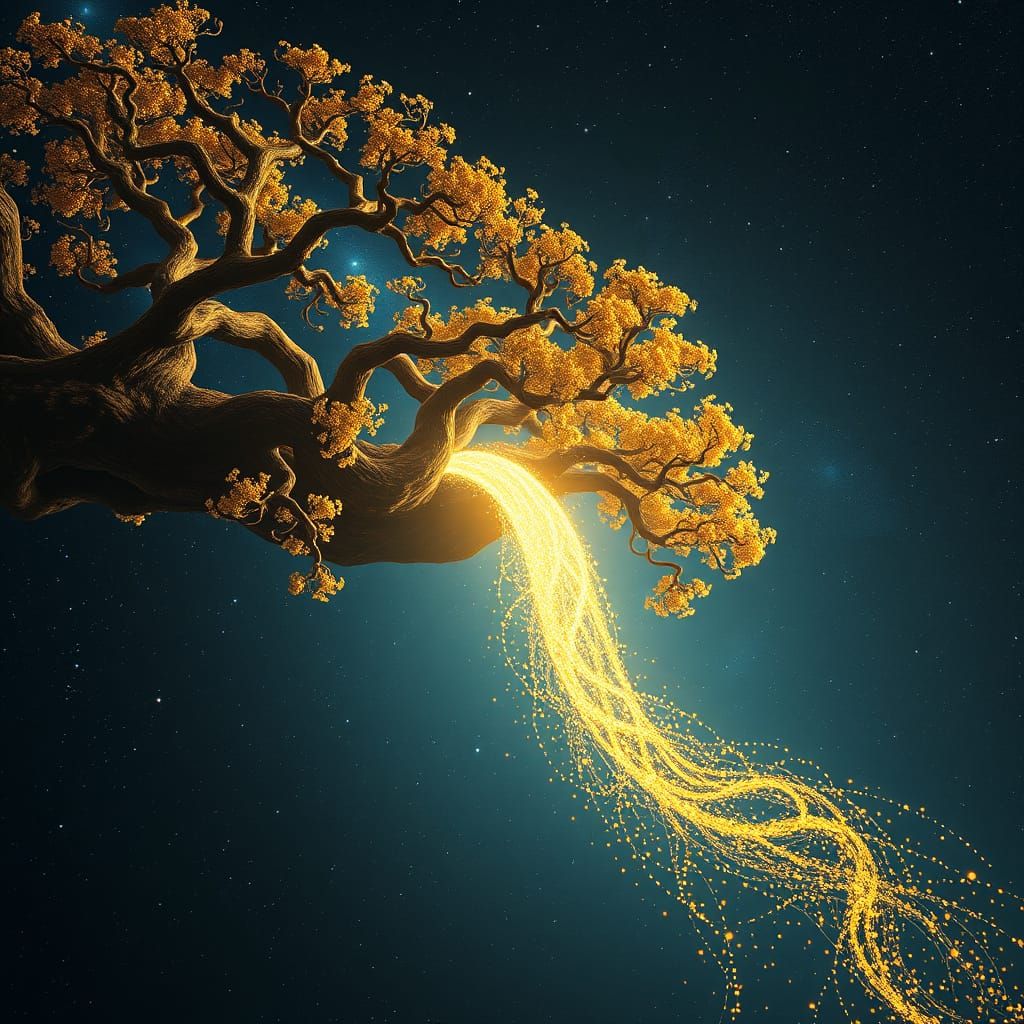 Cosmic Trees Waterfall of Golden Leaves in Space