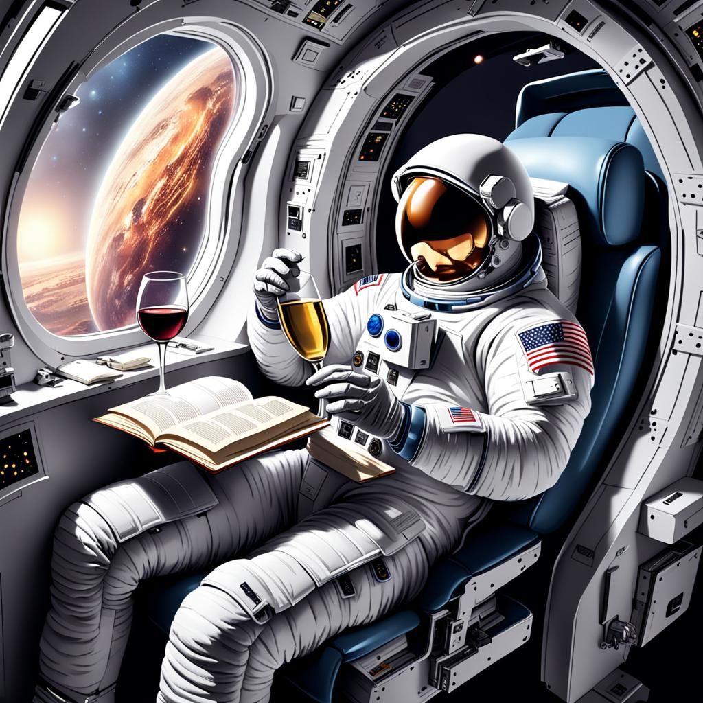 Astronaut Relaxes with Book and Wine in Space