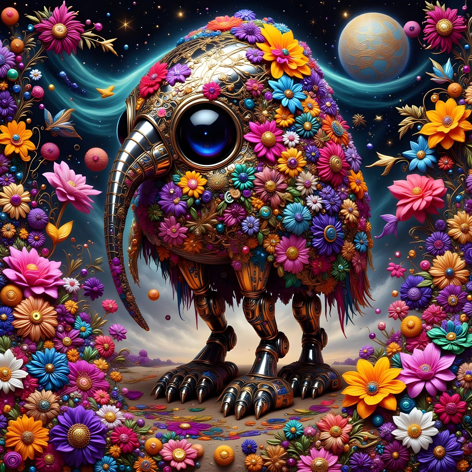 Robot Heron with Crazy Quilt Embroidery and Floral Chrome