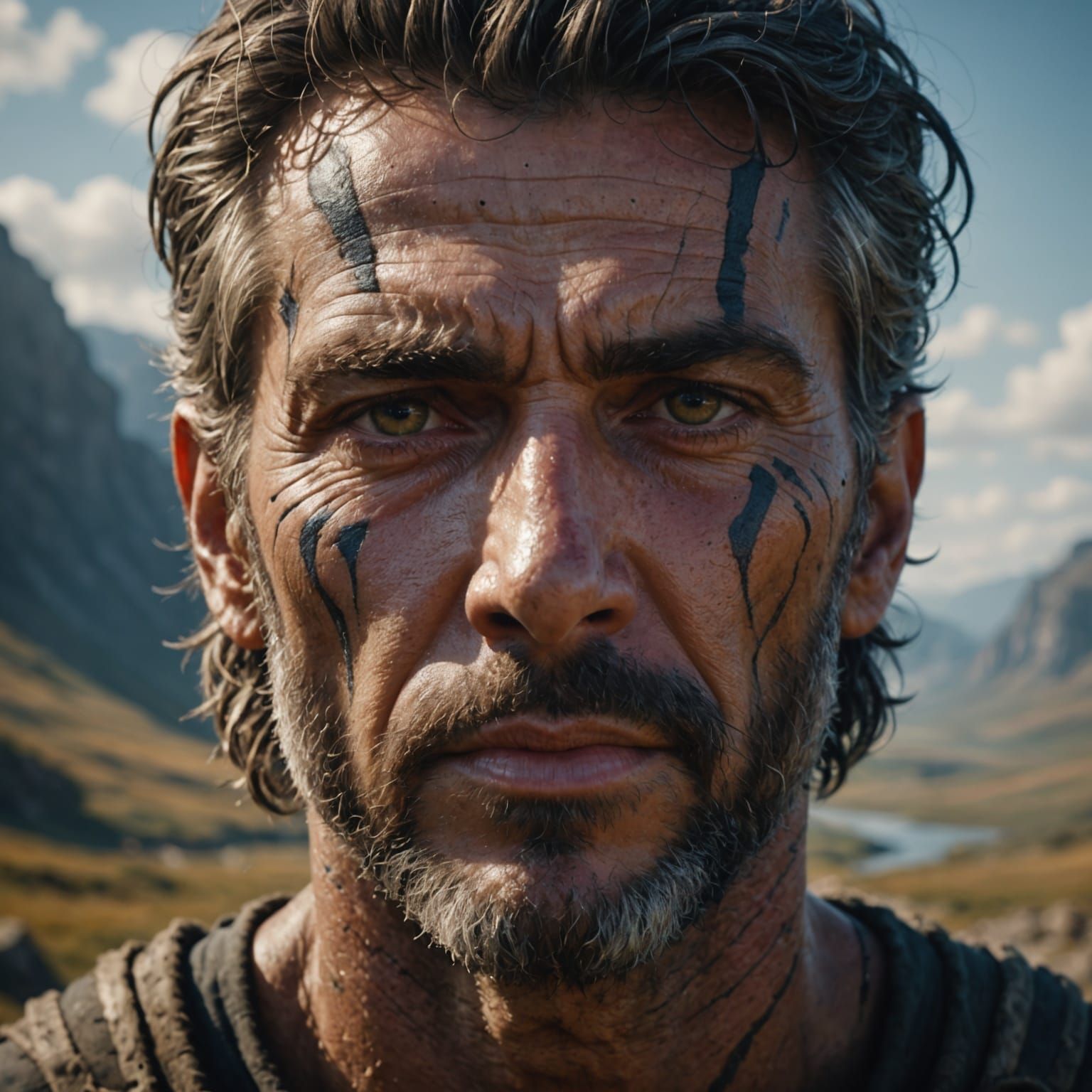 A close-up portrait of a man with deep lines on his face, reflecting strength and determination, set against a backdrop ...