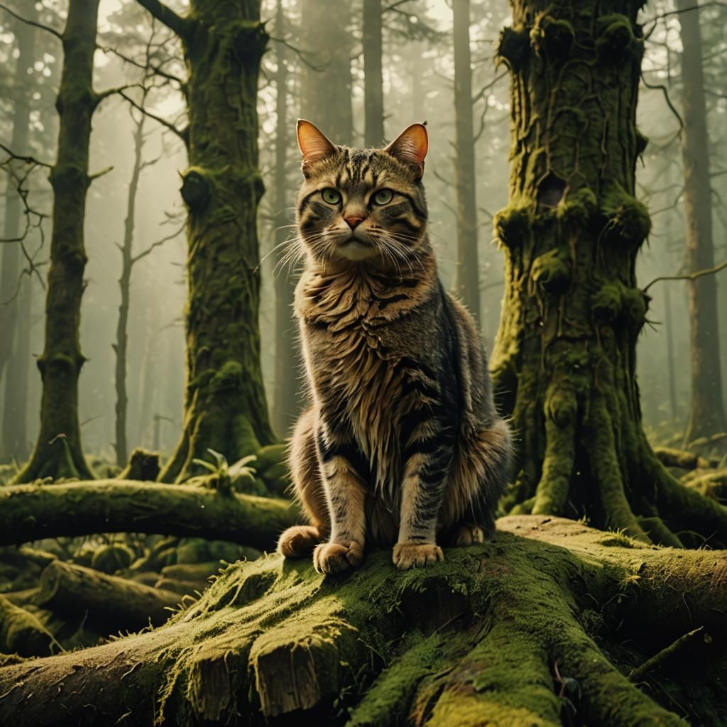 Hand Carved Cat in Misty Forest: Cinematic Still