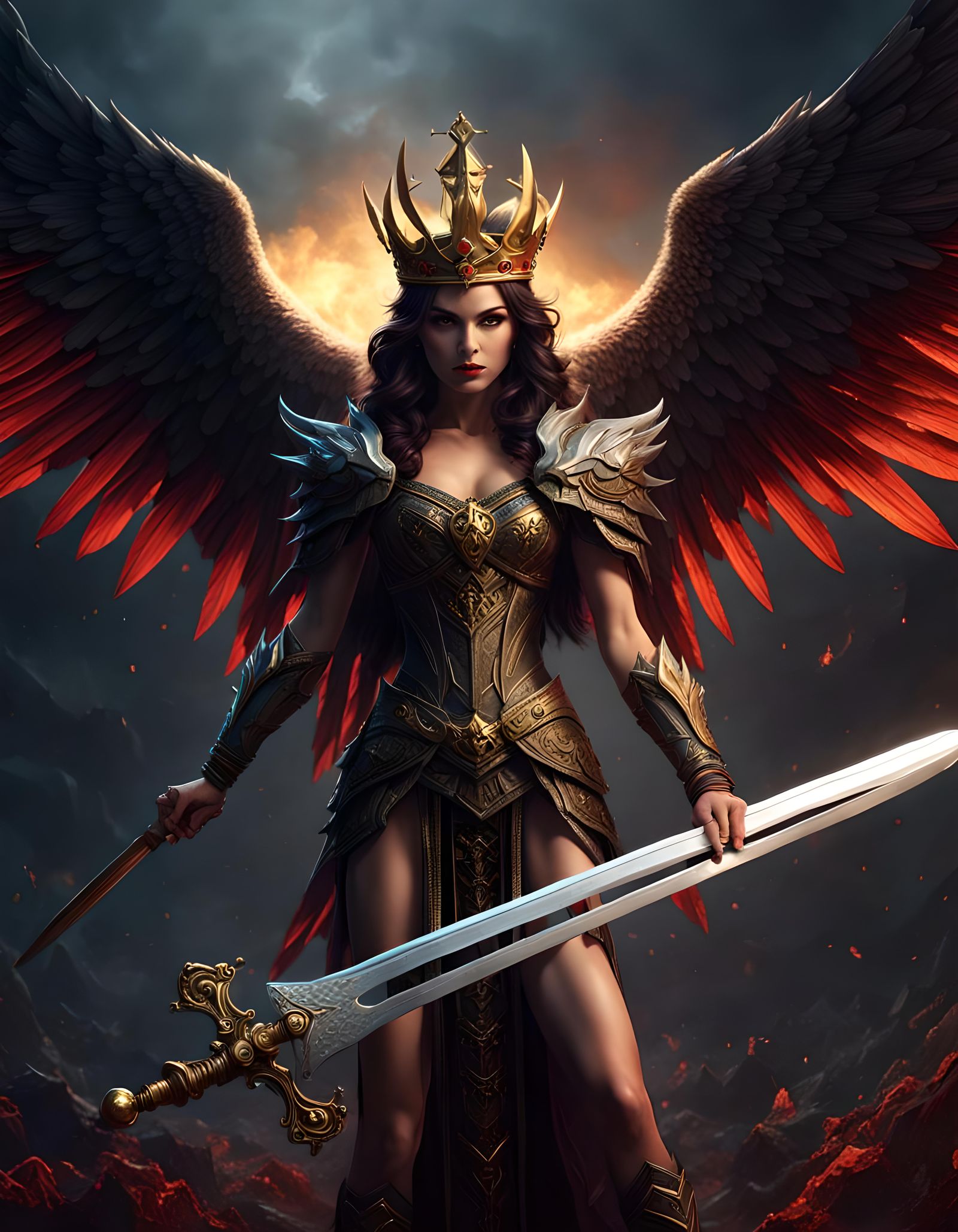 Dual-Natured Queen with Sword in Dark Fantasy Style