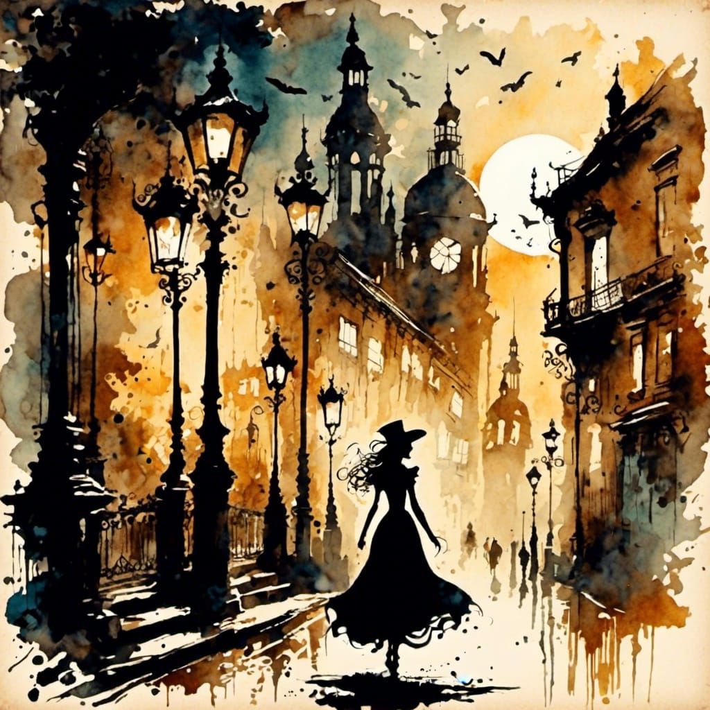 Silhouette of Lady of the Night in Steampunk Ink