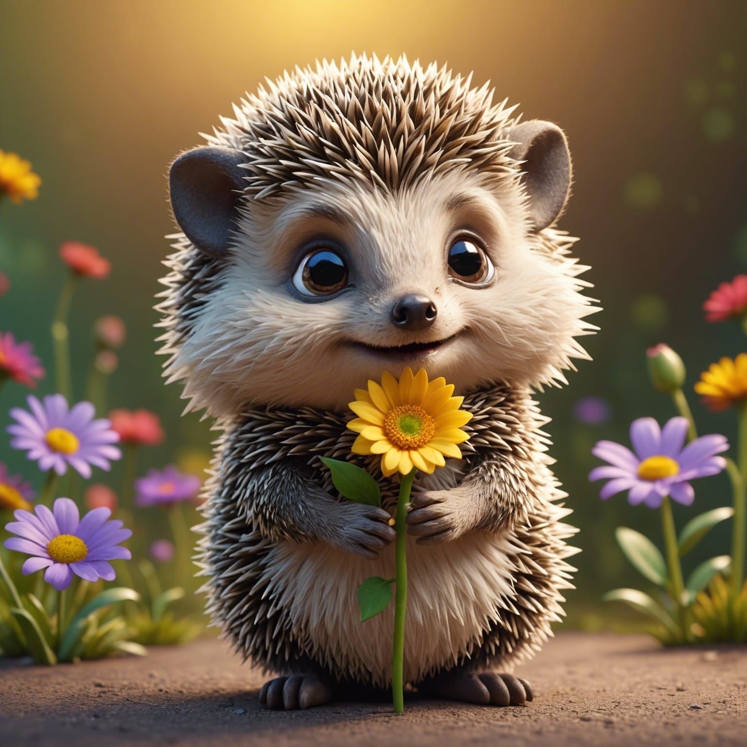 Adorable Baby Hedgehog with Flower in 3D Style