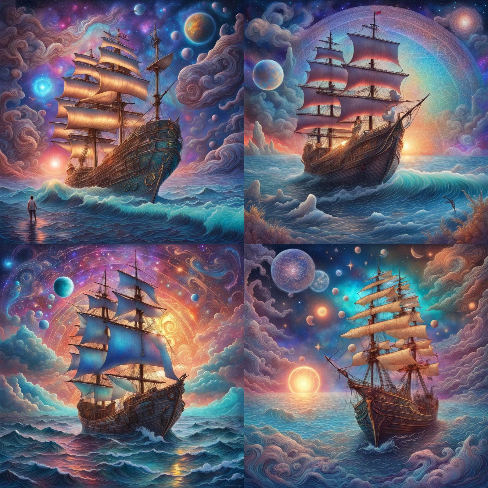 Macaw and Pirate at Sea: Cosmic Holographic Illustration