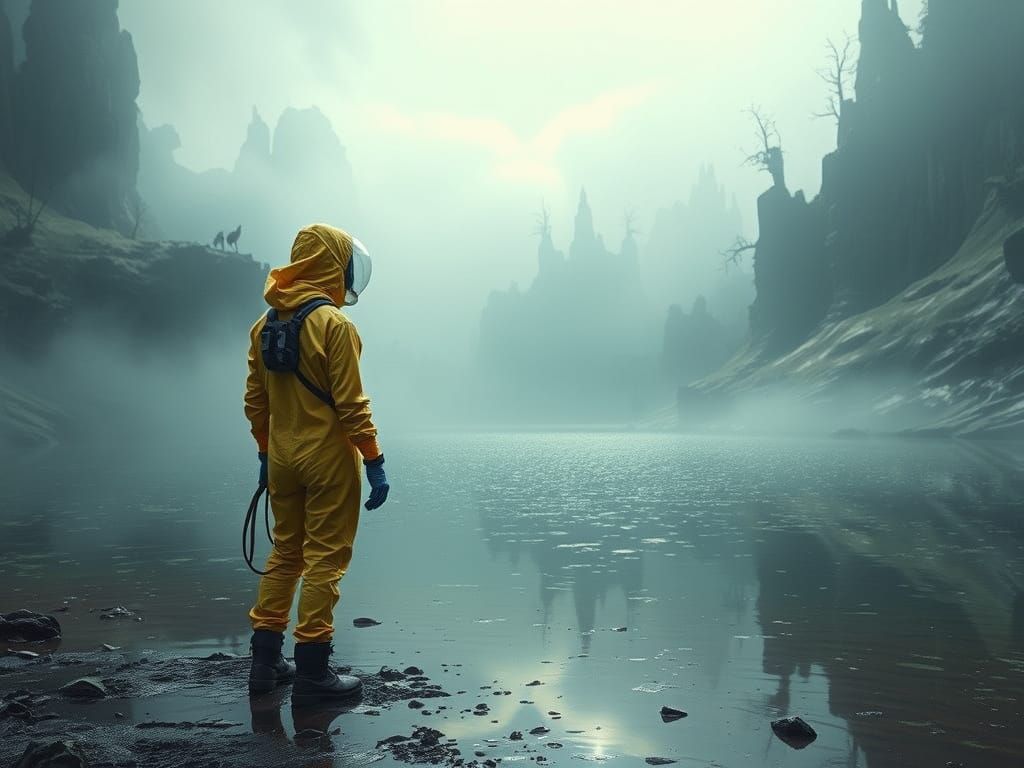 Woman in Hazmat Suit by Shimmering Lake