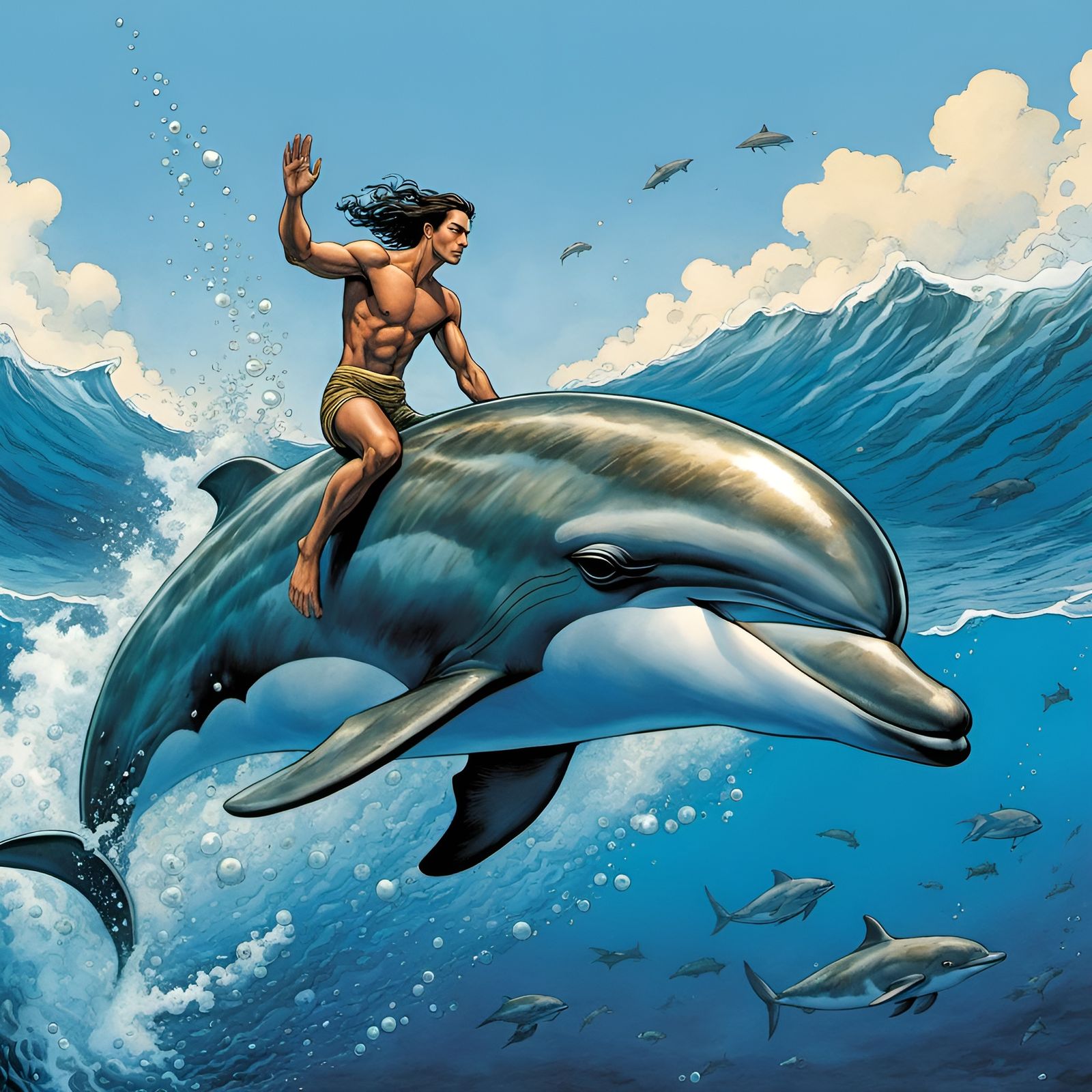 Pearl Hunter and Dolphin in Colorful Comic Art