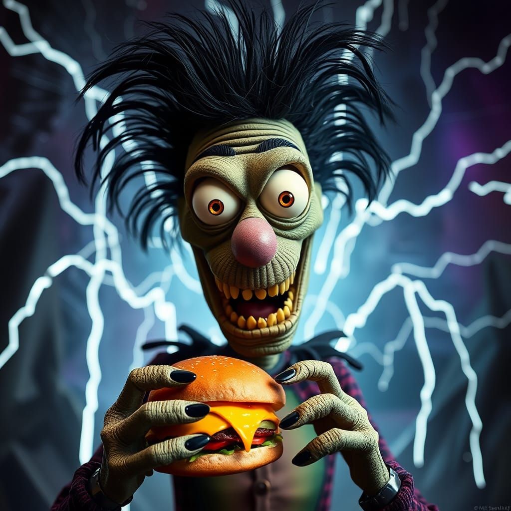 Goofy Monster Eating Cheeseburger in Tim Burton Style