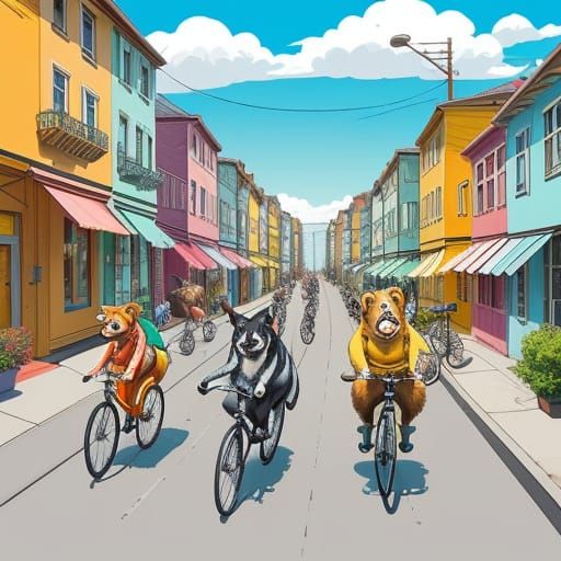 Cute Cartoon Dogs Riding Bikes on Sunny Street