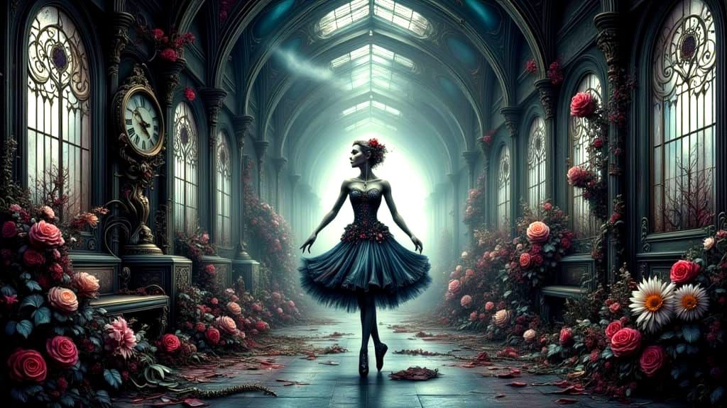 Zombie Ballerina in Overgrown Train Station