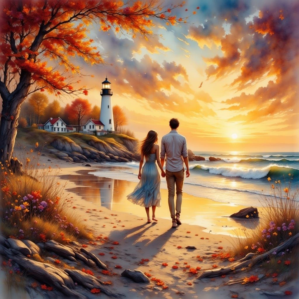 Autumn Beach Walk: Watercolor Impressionism