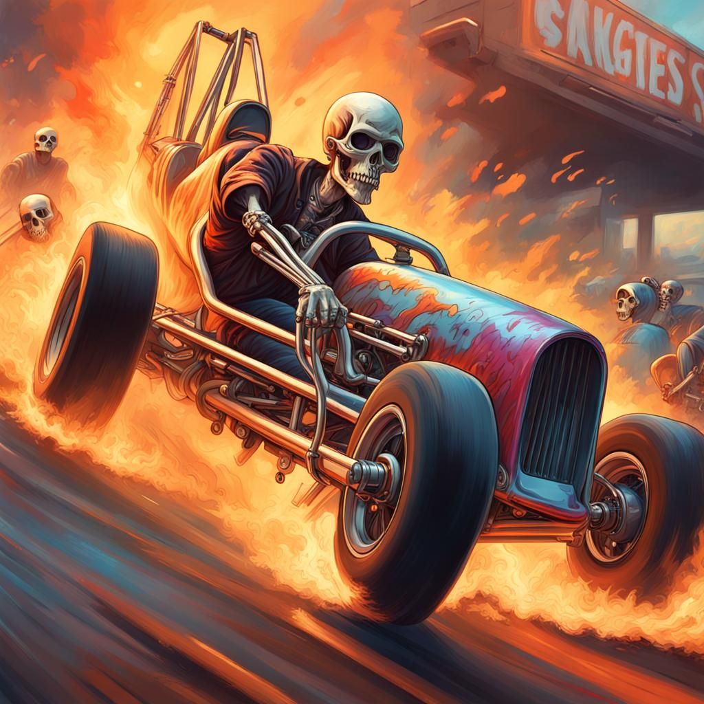 Hyperrealistic Zombie Dragster Race with Fire Trails