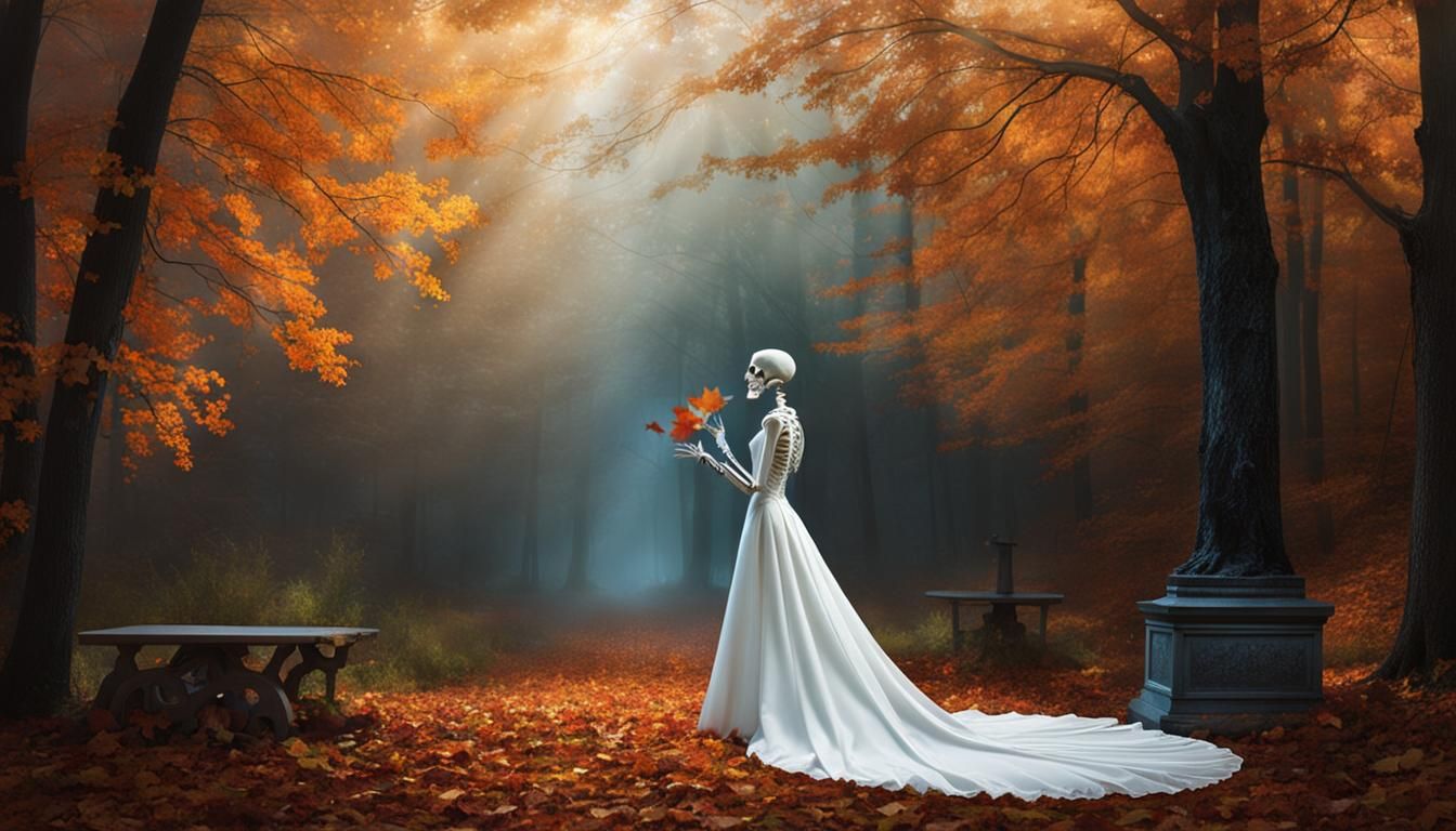 Eerie Encounter: Skeleton Salutes Ghostly Lady in Autumn