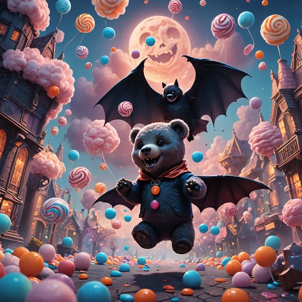 Vampire Teddy Bear in Candy World: Dark Fantasy Art