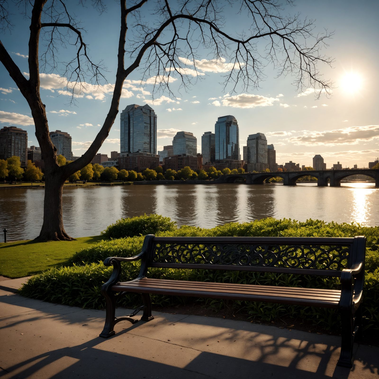 Park Bench Against a Dazzling River Landscape in Hyperrealis...